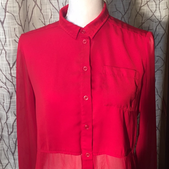 Free People flowing sheer red button down - Picture 2 of 8